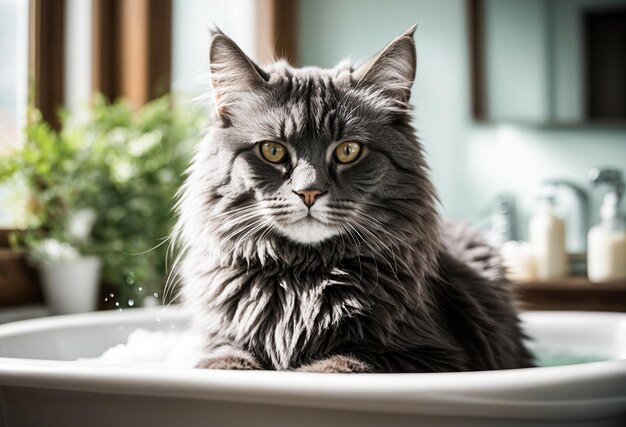 Un chat Maine Coon est assis calmement dans une baignoire remplie d'eau, démontrant l'aspect soigné des soins du Maine Coon.