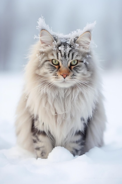 Un chat Maine Coon en peluche dans la neige