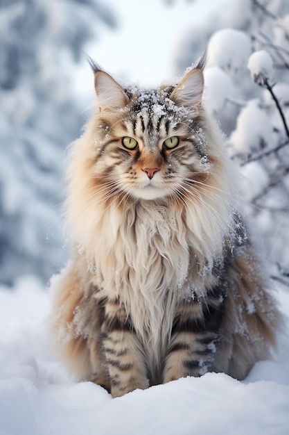 Un chat Maine Coon en peluche dans la neige