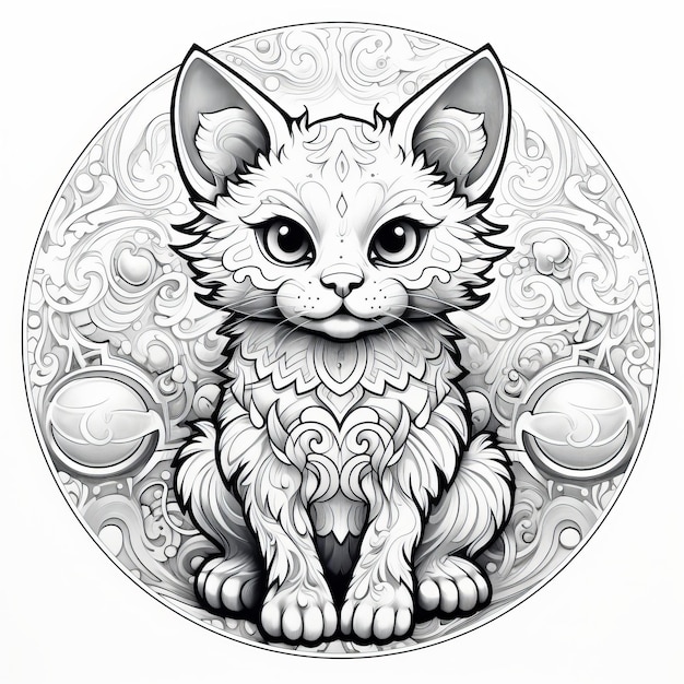 Le chat de Mandala s'engage avec une balle sur une page de coloriage minimaliste