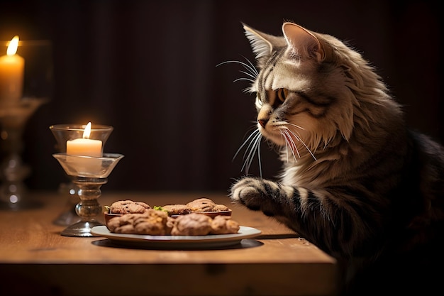 Photo un chat mange de la nourriture sur une table placée sur un plateau