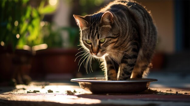 Un chat mangeant dans un bol dans le jardin au coucher du soleil Focus sélectif