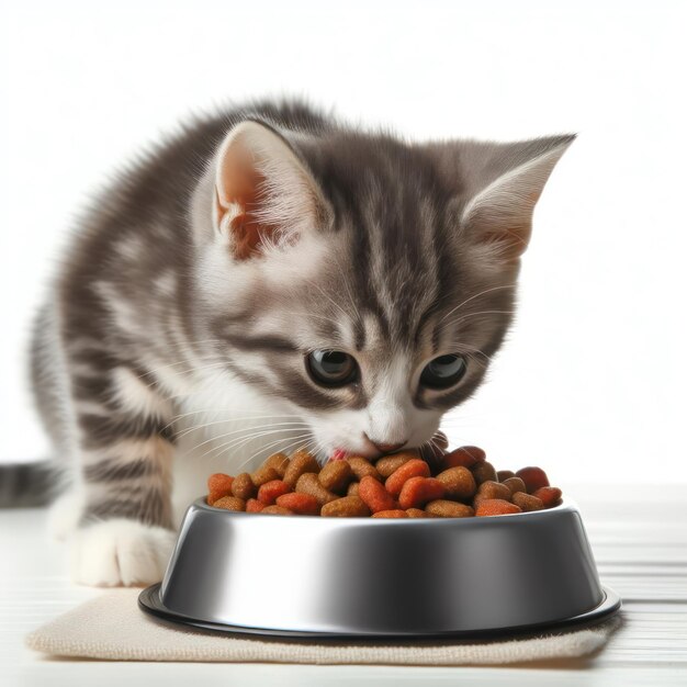 un chat mangeant de la nourriture pour chat d'un bol sur un fond blanc