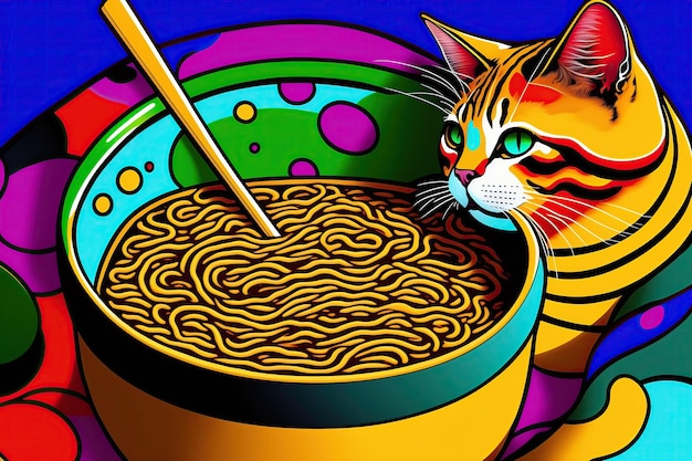 chat, manger, ramen, vif, illustration