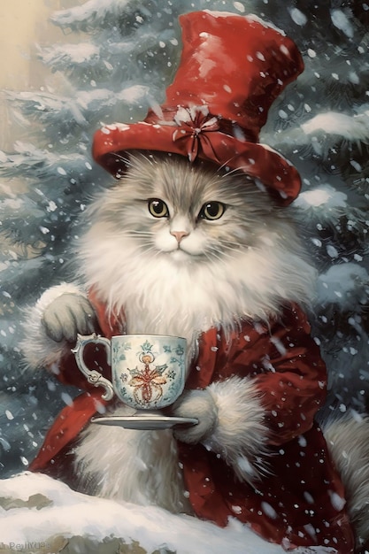 Un chat en manteau rouge tient une tasse de thé devant la neige.