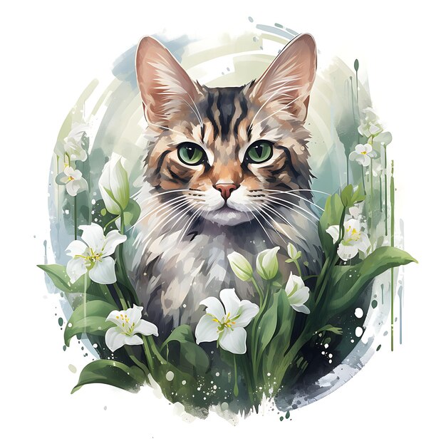 Chat Manx aquarelle entouré de muguet Capturi sur fond blanc Art numérique