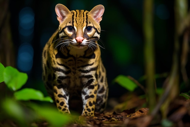 un chat marchant dans les bois dans le noir