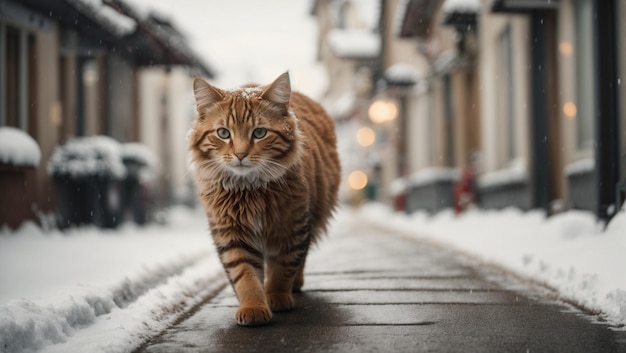 chat marchant dans la rue enneigée en hiver