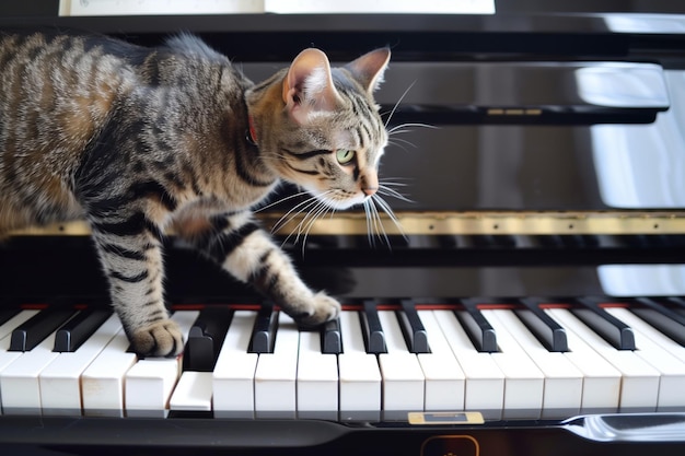 Photo un chat marchant sur des touches de piano jouant des notes aléatoires