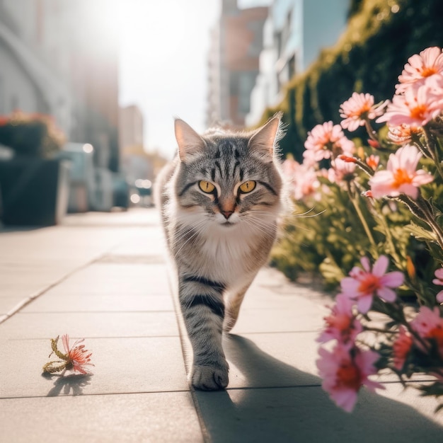 Un chat marchant sur un trottoir à côté de fleurs et d'un bâtiment.