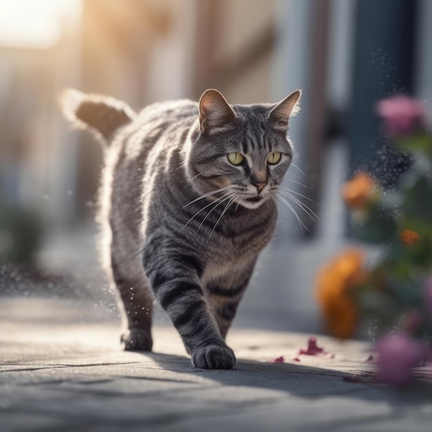 Un chat marchant sur un trottoir avec des fleurs en arrière-plan.