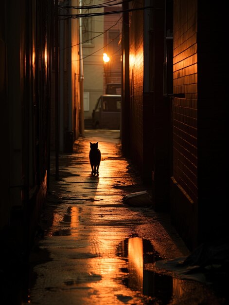 un chat marche dans une allée avec une lumière dessus