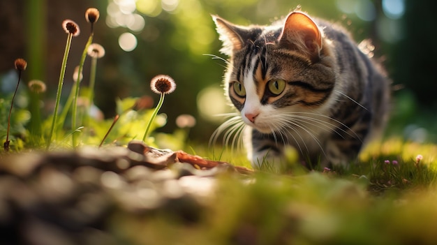 Le chat marche dans l'herbe vers le papillon.