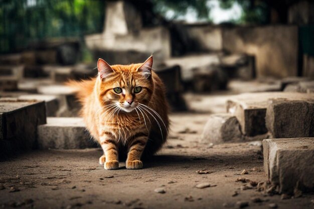 Photo un chat marche sur un sentier avec un fond flou