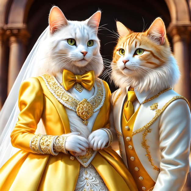 Le chat de la mariée avec une longue fourrure jaune et le chat du marié avec une fourrure blanche et soyeuse semblaient absolument