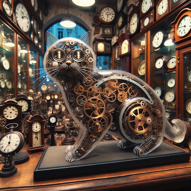 Un chat mécanique fait d'une horloge se tient à l'intérieur d'une vieille boutique de montres