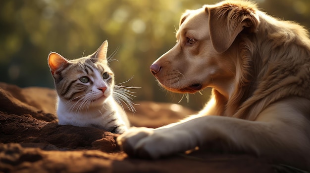 Chat méfiant regardant dans les yeux du chien