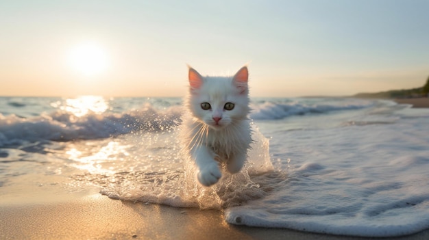 chat sur la mer au coucher du soleilchaton assis sur la plage d'eau de mer au coucher du soleil