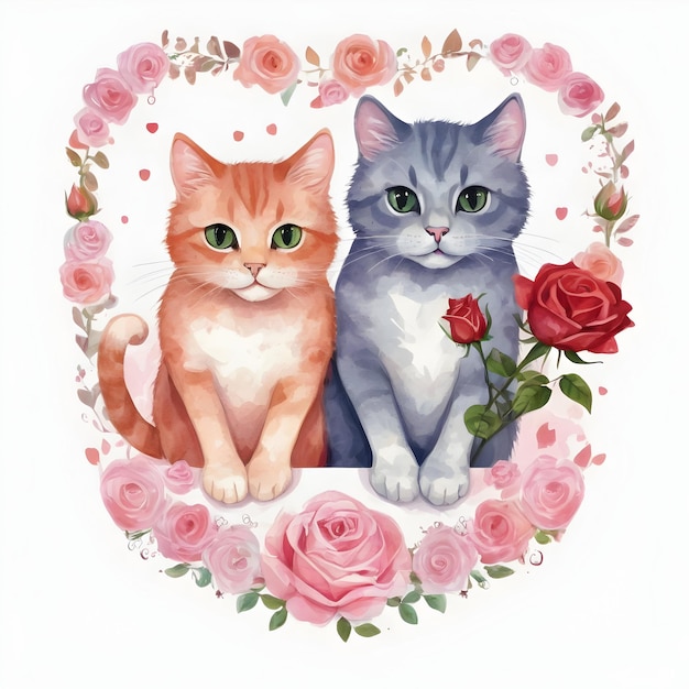 Un chat mignon amoureux à l'aquarelle Des fleurs clipart d'illustration