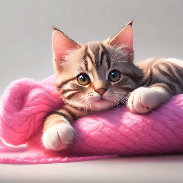 Chat mignon aquarelle fantaisie de chat tigré cool jouant avec une boule de laine rose chat mignon généré AI