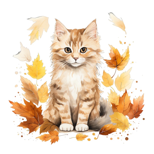 Chat mignon aquarelle mignon avec des feuilles en automne illustration de l'heure d'automne