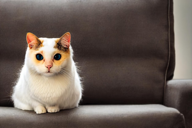 Un chat mignon assis sur un canapé. Vue rapprochée d'un chaton en face. Un portrait d'un chat adorable.