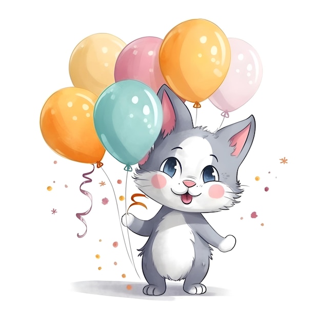 Chat mignon avec des ballons sur fond blanc Illustration vectorielle