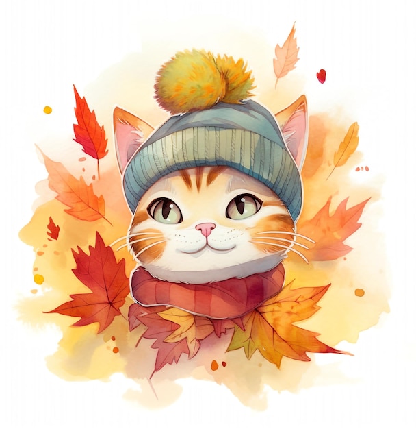 Chat mignon avec un bonnet Clipart aquarelle