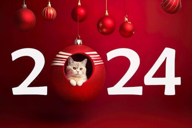 Chat mignon Boules de Noël Bonne année 2024 Surprises de Noël Produits pour chats Generative AI