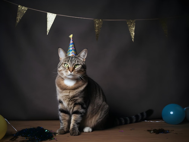 Chat mignon avec un chapeau de fête célébrant un joyeux anniversaire