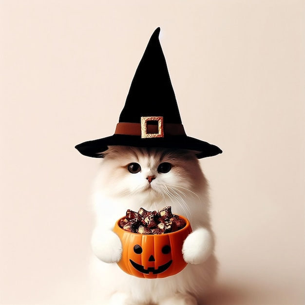 Chat mignon en chapeau de sorcière tenant un bol de citrouille avec des bonbons pour des bonbons ou des friandises d'Halloween