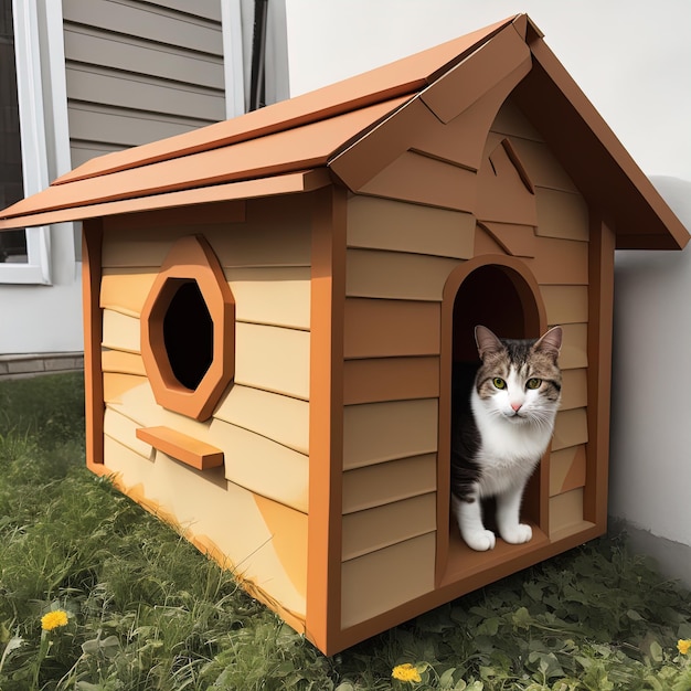 chat mignon avec un chat à toit rouge dans le jardin