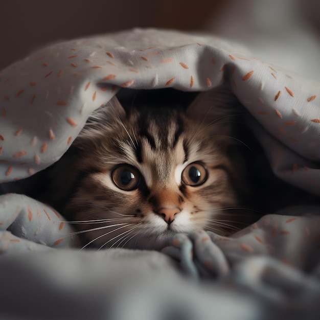Chat mignon chaton caché sous la couverture généré par l'IA