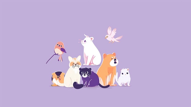 Photo un chat mignon, un chien, un oiseau, un hamster, un singe sur un fond lilas, la journée de l'amour pour vos animaux de compagnie, l'ia générative.