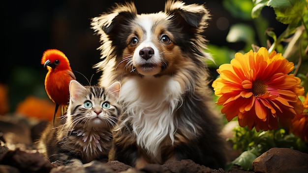 Un chat mignon un chien et un perroquet