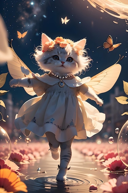 Chat mignon de conte de fées avec des ailes de papillon fond d'écran illustration fond