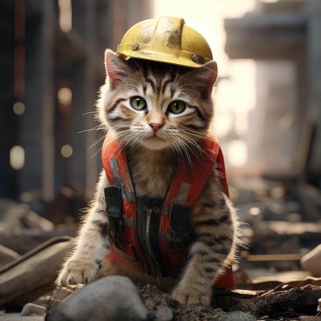 Un chat mignon en costume de travailleur de la construction portant un casque de sécurité travaille