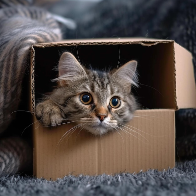 Un chat mignon dans une boîte en carton sur un tapis confortable pour les médias sociaux