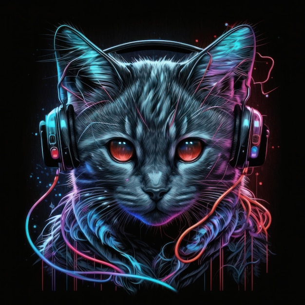 Chat mignon dans les écouteurs Tshirt Illustration AI Générative