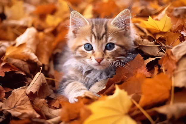 Chat mignon dans la forêt d'automne au soleil AI