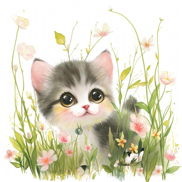 Chat mignon dans l'illustration aquarelle de fleurs pastel d'herbe