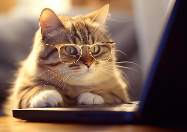 Chat mignon dans des lunettes regardant dans un ordinateur portable Generative AI