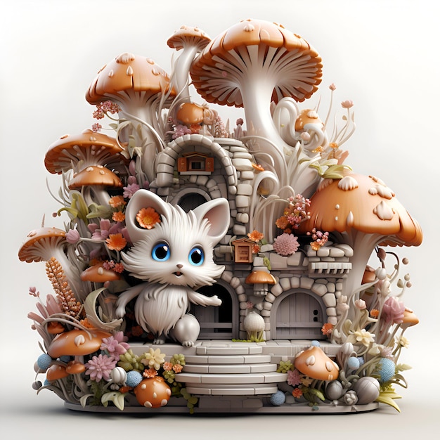 Le chat mignon dans la maison faite de champignons illustration 3D