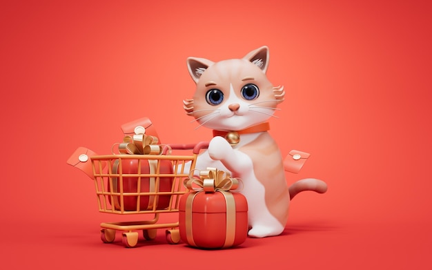 Un chat mignon dans le style de dessin animé en 3D et un panier d'achat en 3D.