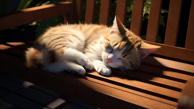 Chat mignon dormant paisiblement sur un banc