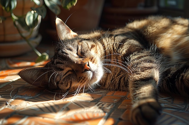 un chat mignon et endormi avec la lumière du soleil
