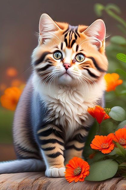 Chat mignon et fleurs