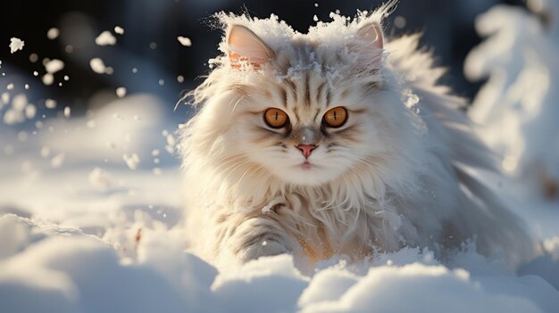 un chat mignon sur un fond de neige