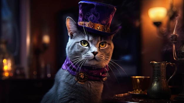 Chat mignon généré par IA portant un costume de carnaval sur fond noir