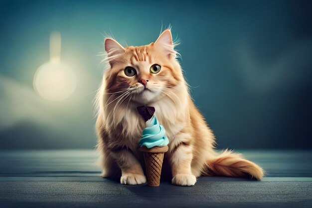 Chat mignon avec de la glace sur le rendu de fond bleu